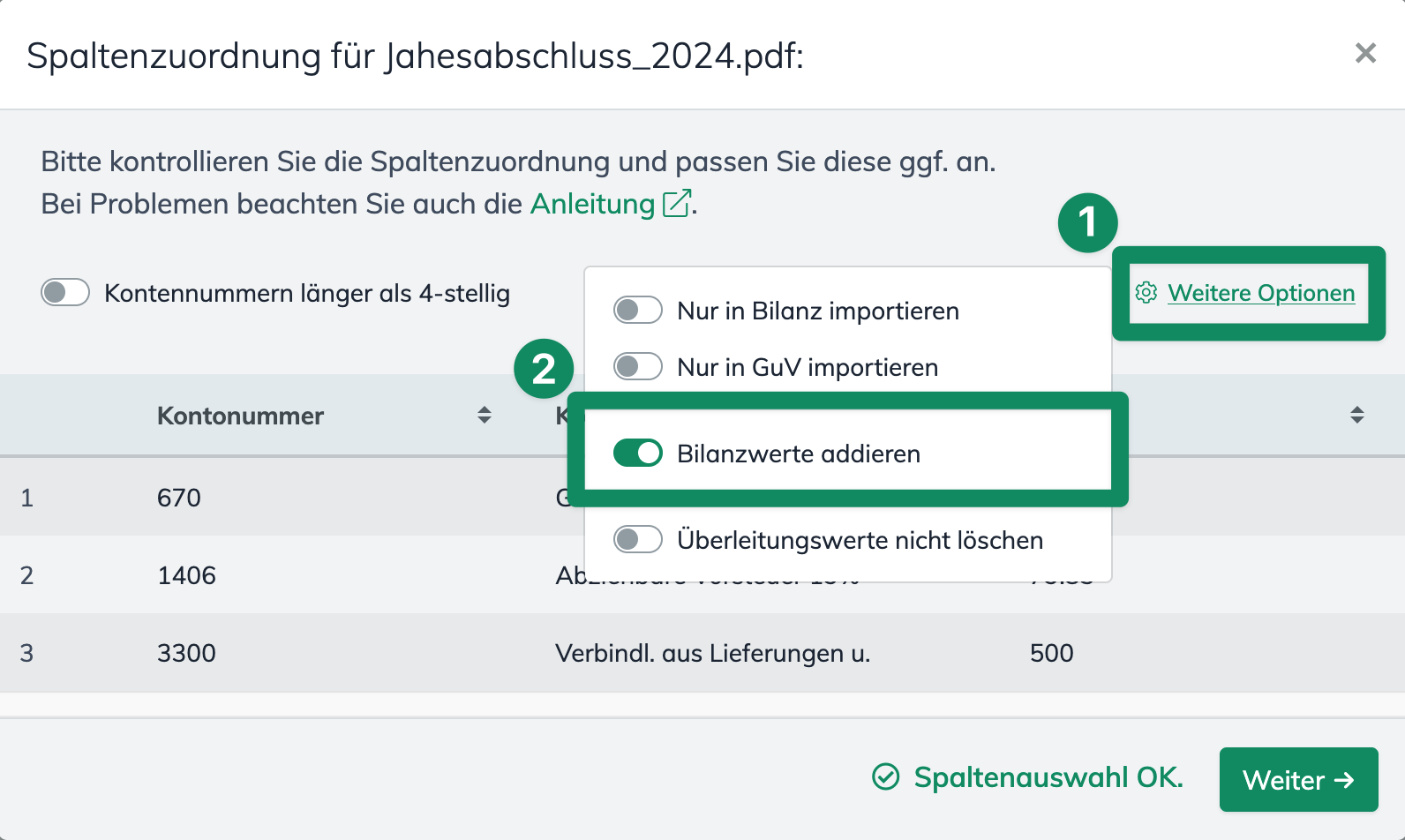 Bilanzwerte addieren